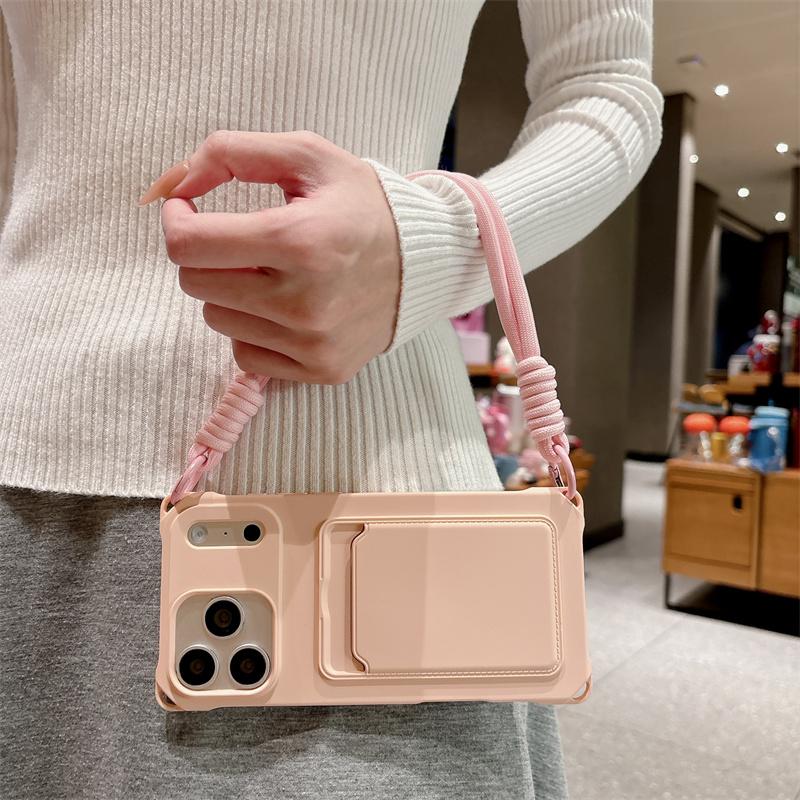 Short Rope Lanyard Phone Case For iPhone 17 Air 16 15 14 Plus 13 12 Mini 11 Pro Max X XR XS Max Card Clip Wallet Soft TPU Cover