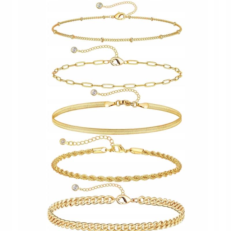 Women's Set of 5 Gold Chain Bracelets Thin Surgical Steel