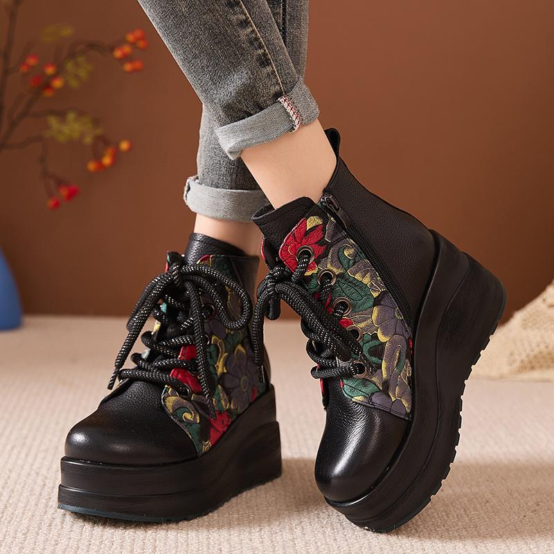 Fashion GKTINOO Handgefertigte Damenstiefel aus echtem Leder Runde Zehenpartie Retro Keilabsatz Stiefeletten Print Plateau High-Heel-Stiefel