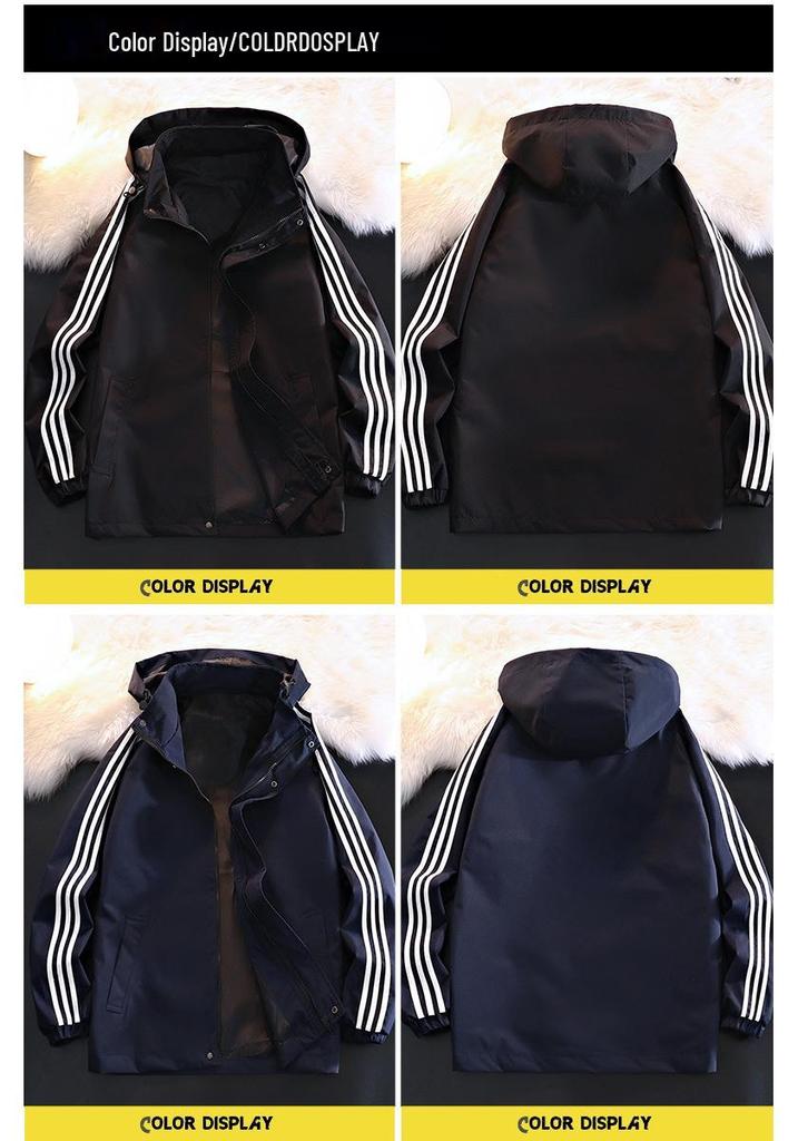 Men's Three-Stripe Hooded Windbreaker Jacket - Trendy High Street Casual Fashion for Spring and Autumn.