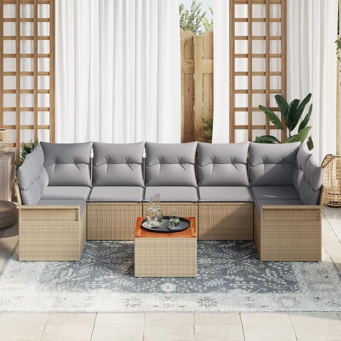 VidaXL Ensemble de canapé de jardin de 8 pièces avec coussins Beige Poly Rattan Acacia 3347294