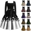 Women's Vintage Square Neck Long Sleeve Dress with Halloween Print for Evening Party