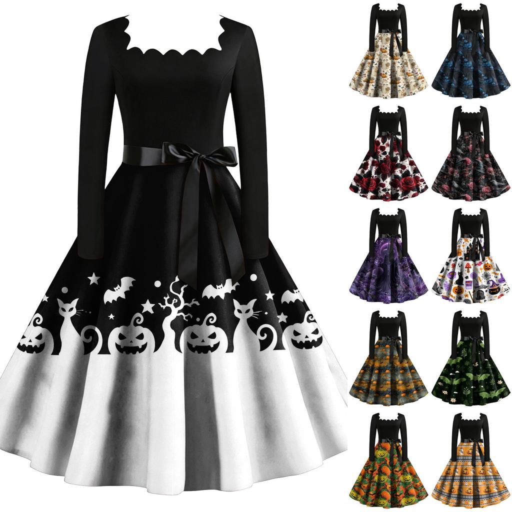 Women's Vintage Square Neck Long Sleeve Dress with Halloween Print for Evening Party