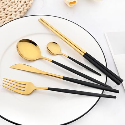5 Stk Jankng Svart Gull Rustfritt Stål Servisesett Bestikk Kniv Gaffel Skje Spisepinner Teskje Servisesett Middag Kjøkkenutstyr
