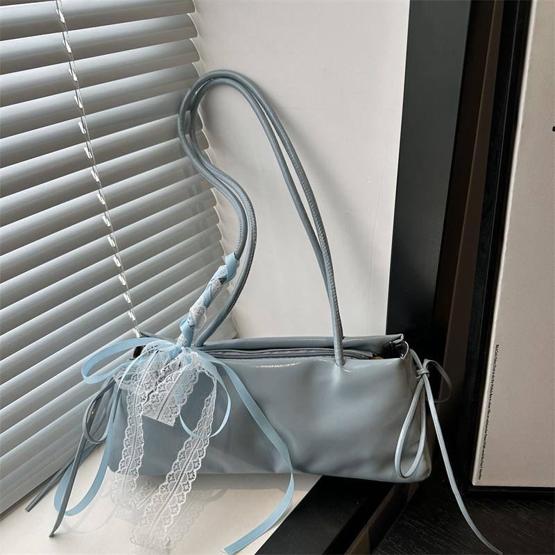 Fashi Bow Lace Ribbs Pu Shoulder Bags for Women Versatile Commuter Ladies Underarm Bag Solid Color Female Handbags Purse