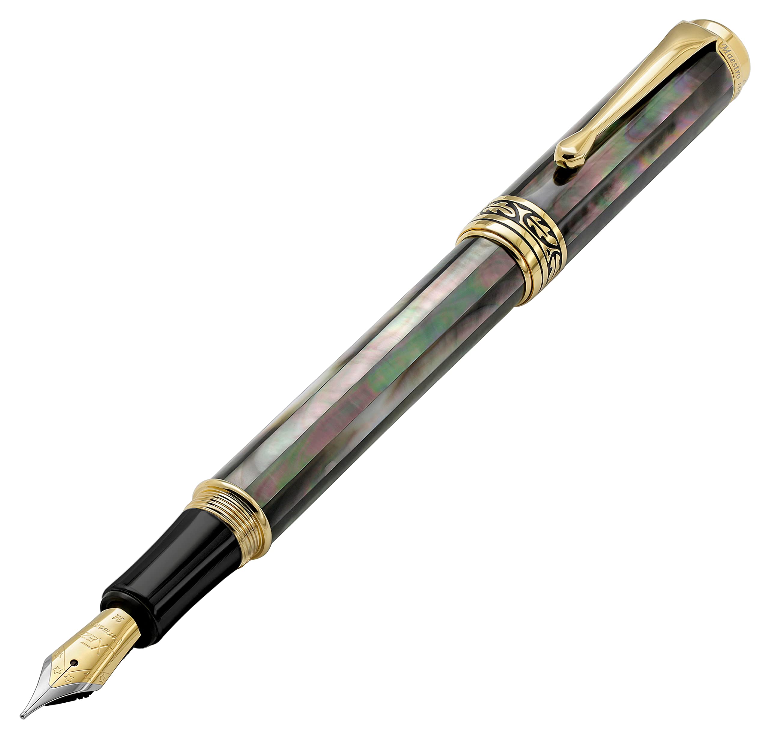 

Xezo Maestro Medium Nib Fountain Pen Handcrafted from Oceanic Tahitian Black Mother of Gold Serialized Pearl. 18-Karat Plated.