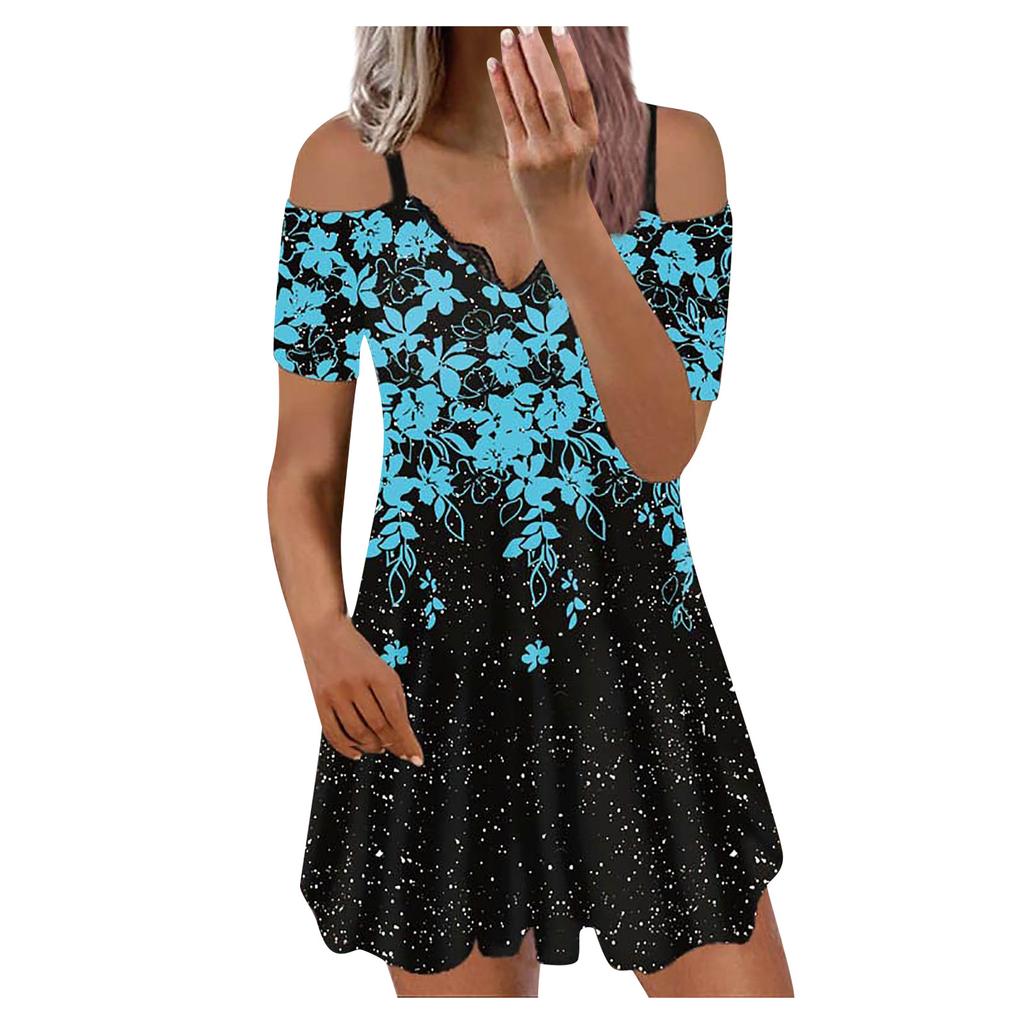 Women's Casual Printing V-neck Lace Sling Skirt Sun Skirt