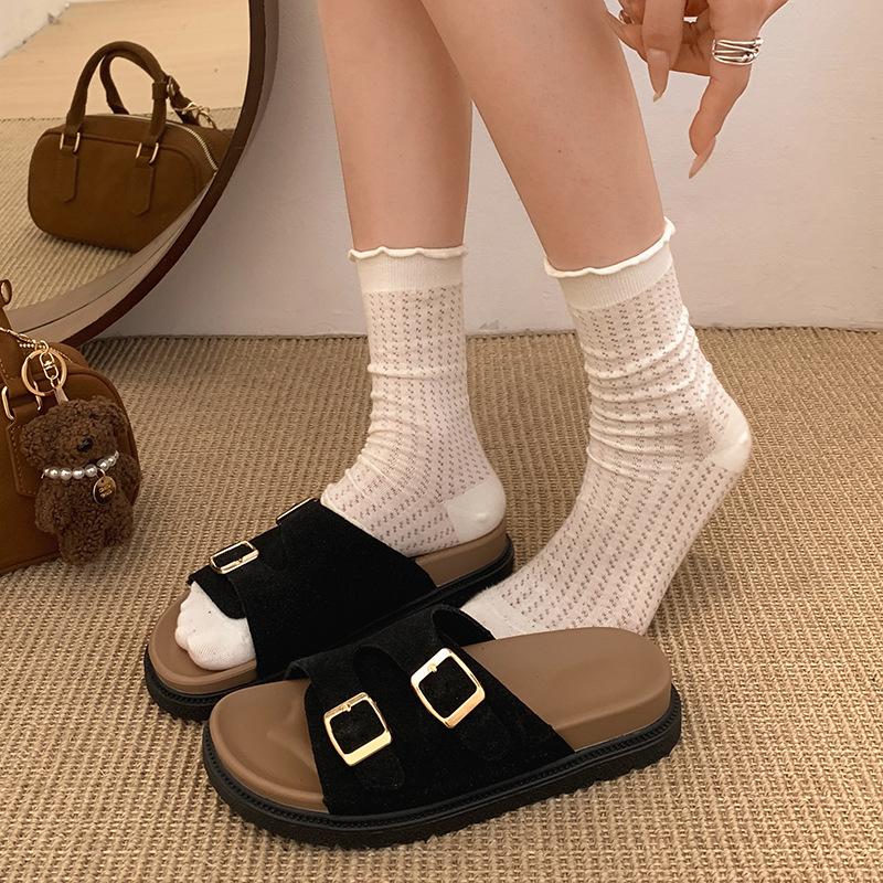 Platform slippers women s summer outer wear black popular casual non-slip heightening sandals 35