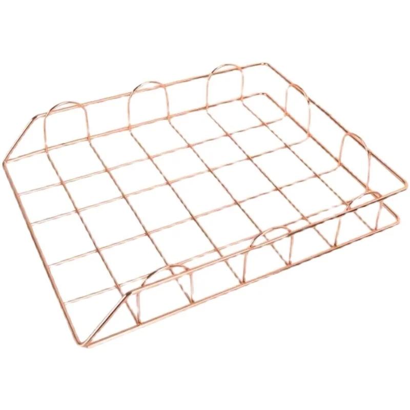 Rose Gold Metal Magazine Holder - Stackable Storage Basket for Office Desktop A4 Paper & Newspapers