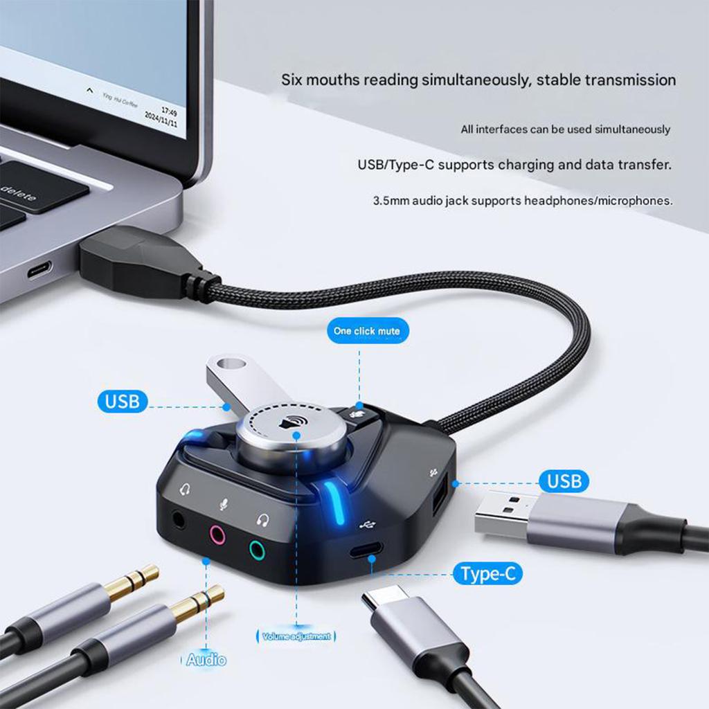 USB Sound Card External Sound Card with 3x3.5mm 2xUSB 1xType C Port Sound Adapter for Desktop PC Laptop Headphone