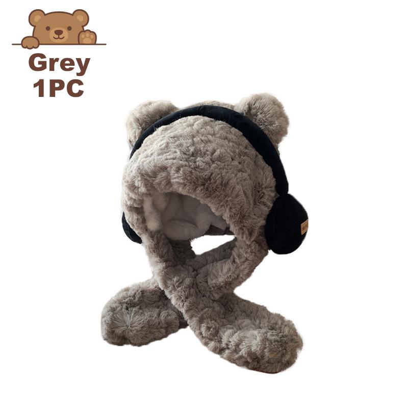 Bear with Headphone Hoodie Hat Scarf Set for Girls Winter Thickened Plush Earmuffs Warm Cap for Children Cute Outdoor Wear