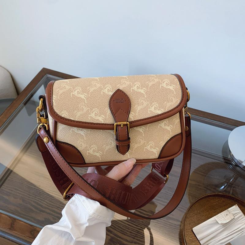 High-end Fashion Small Square Bag Women's New Retro Printing Contrasting Color Saddle Bag Shoulder Bag Messenger Bag Women