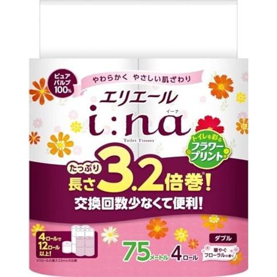 Elieer Toilet Paper ina Flower Print 3.2 Times Roll 75m4 Rolls Double 100 Pulp Floral Scent