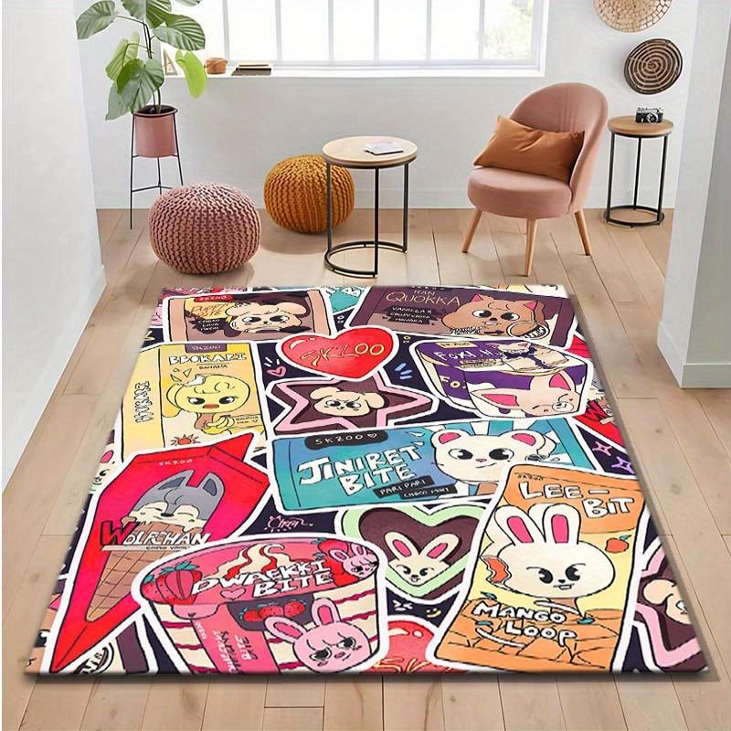 K-pop Idol Cute Cartoon Carpet Non-slip Polyester Carpet with Vibrant Mango and Rabbit Design for Bedroom Decor