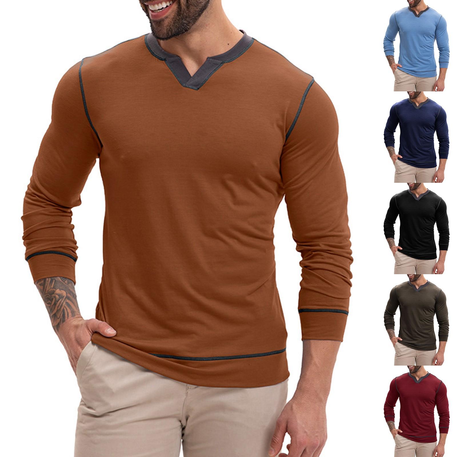 

Men s Long Sleeve Shirt Men s Round Neck Button T-Shirt Color Block Top L чёрный
