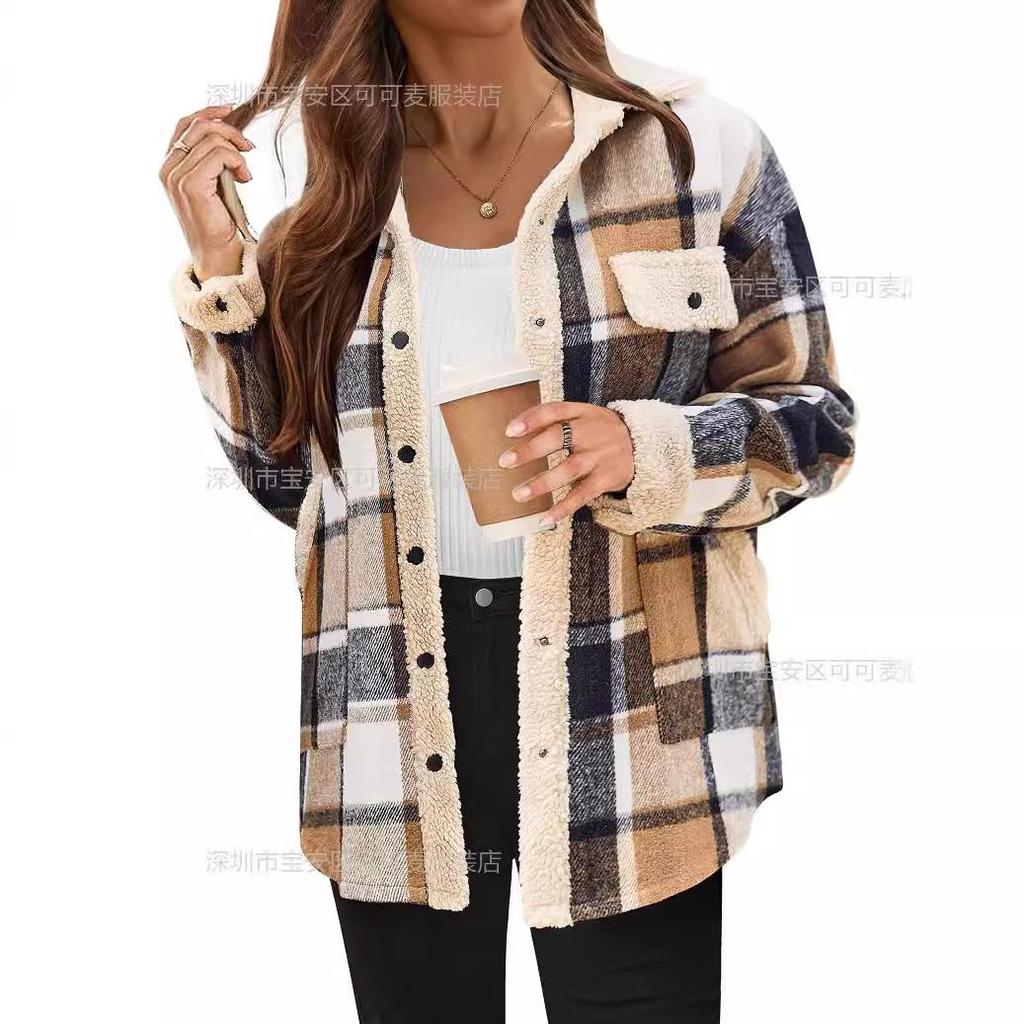 Women's Plaid Fleece-Lined Jacket with Notched Collar, Warm Winter Coat with Button Closure and Front Pocket