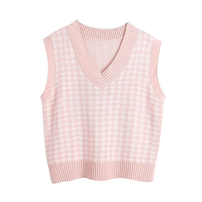 Women Fashion Oversized Houndstooth Plaid Knitted Vest Sweater Vintage Sleeveless Side Vents Female Waistcoat Chic Tops