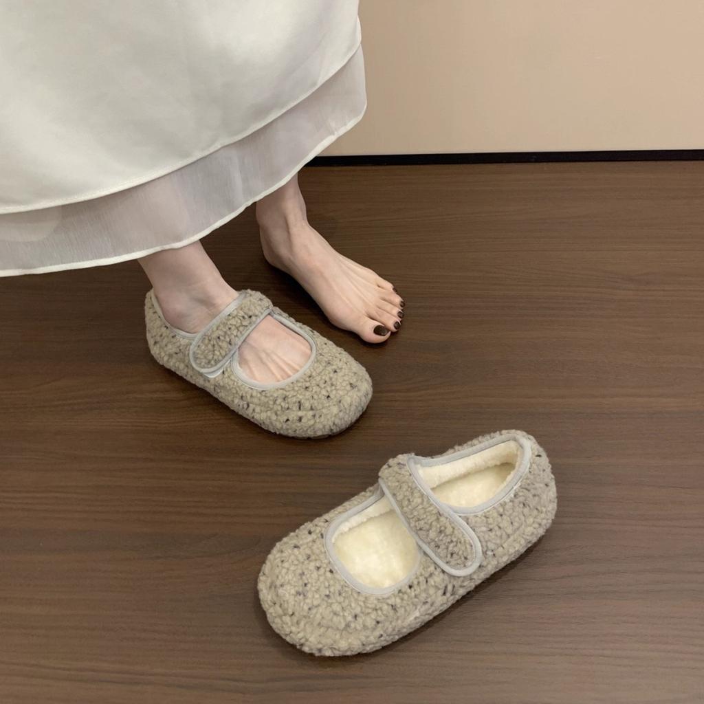 Retro Mary Jane Fluffy Shoes Women Wear Outside Autumn and Winter Versatile Inner Height Increase Velvet Warm Women's Cotton Shoes Women's Shoes