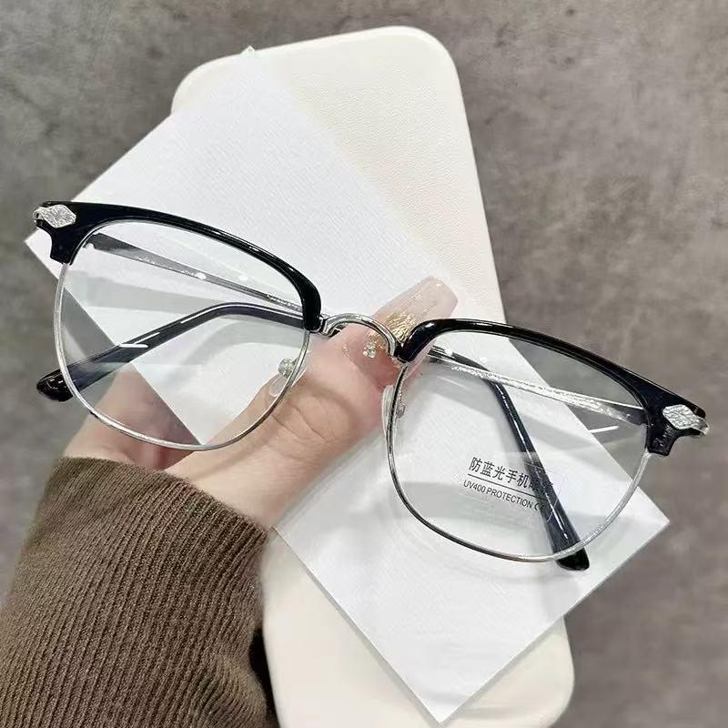 Retro Half-Frame Nerdy Glasses with Prescription for Myopia, Anti-Blue Light, Unisex