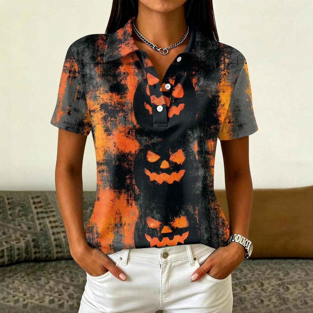 Women's Casual Button Short Sleeve Collar Top with Halloween Print