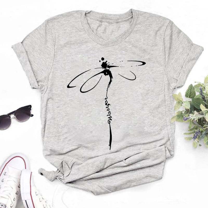 New Love Heart Dragonfly Print Women T-Shirt Fashion Casual Short Sleeves Ladies O-Collar T Shirts Streetwear Graphic Print Tops