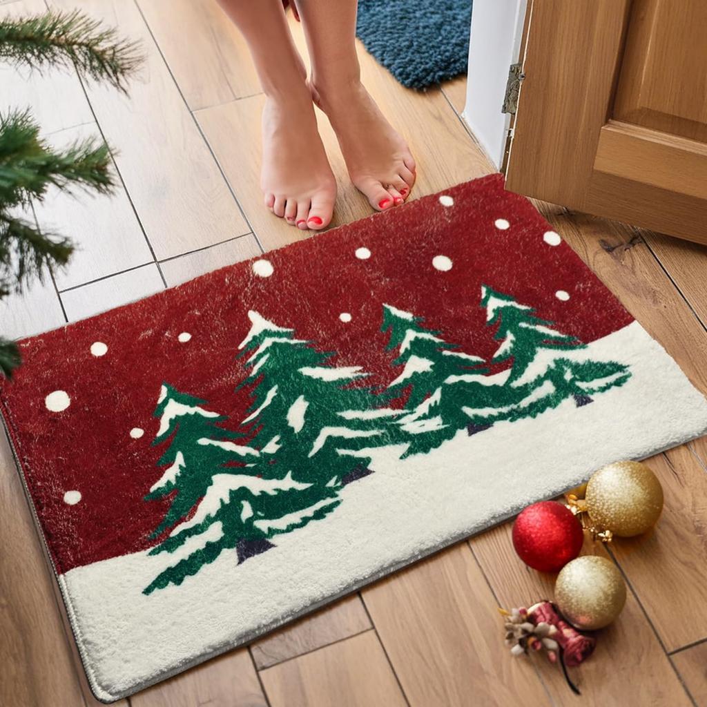 Christmas Bathroom Rugs: Non- Christmas Tree Door Mat, Soft Red Bathroom Rug, Absorbent Washable Bath Mat