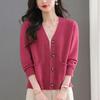 2025 Autumn Women's Elegant V-neck Single-breasted Knitted Cardigan Sweater Coat with Pockets.