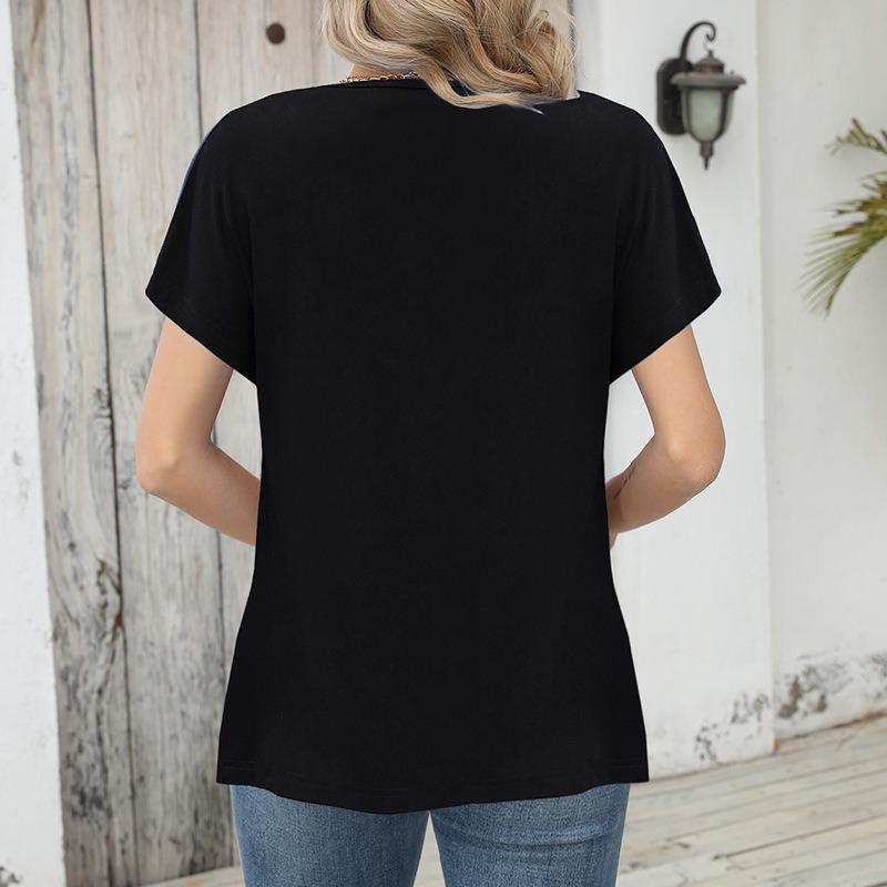 Women Color Block Print Loose Short Sleeve Casual Button T Shirt
