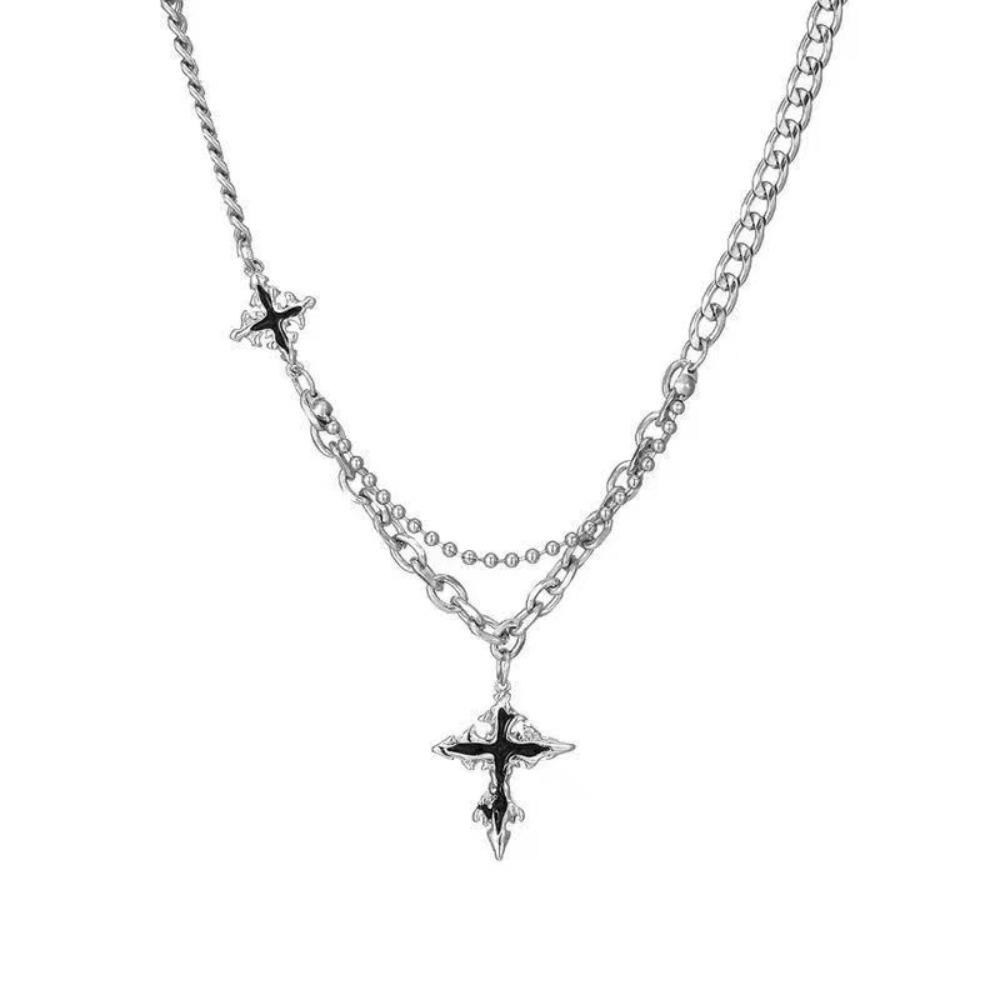 Hiphop Punk Long Cross Necklace for Women Men Double Layer Chain Gothic Jewelry Halloween Gift Trendy