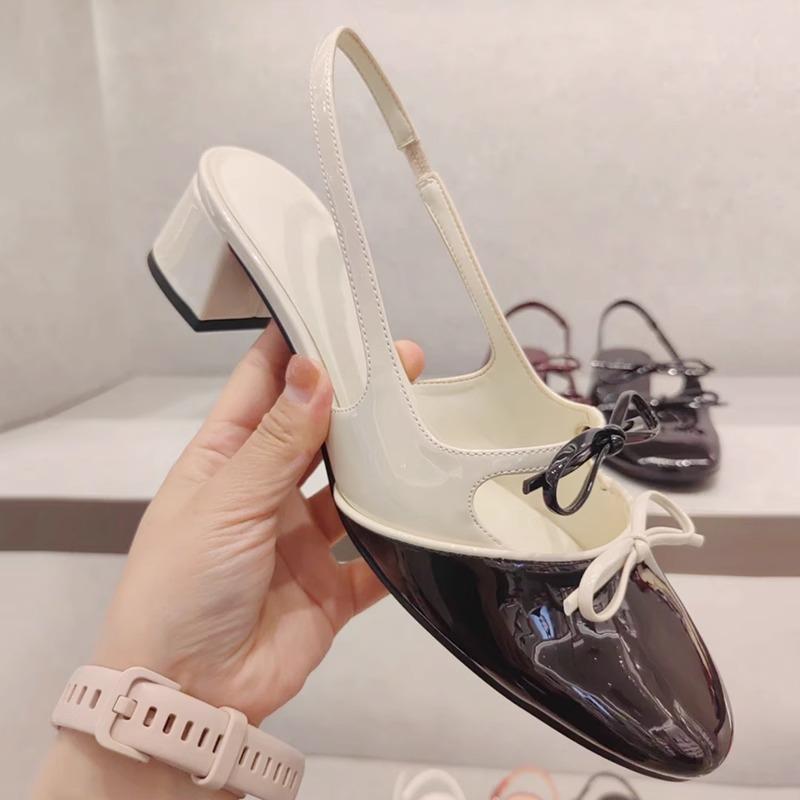 2025 summer new French bow single shoes thick heel Mary Jane shoes women's small fragrant style color matching bag head sandals