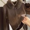 Womens Oversized Knit Cardigan With Faux Fur Collar Double Zipper Casual Warm Sweater Coat Winter