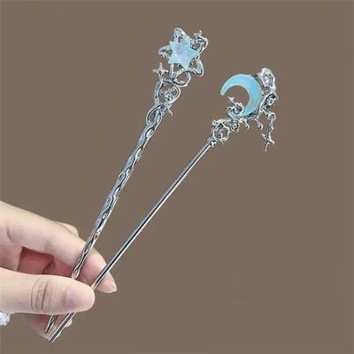 Vintage Moonstone Star Moon vlasové tyčinky pro ženy Čínský styl Cross Tassel Hairpin Disk Hůlky do vlasů Vlasové doplňky