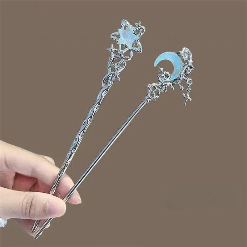 Bastoncini per capelli vintage con stella e pietra di luna, per donne, stile cinese, con nappe a croce, bacchette per capelli, accessori per capelli