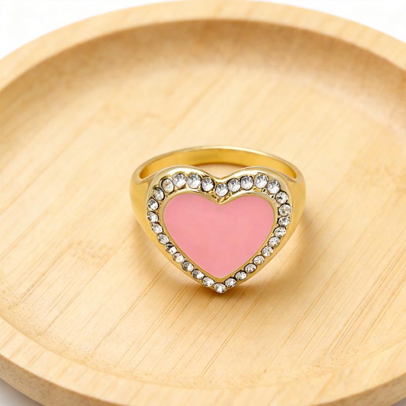 Wind love pink oil drop ring black peach heart ring jewelry 1.7cm