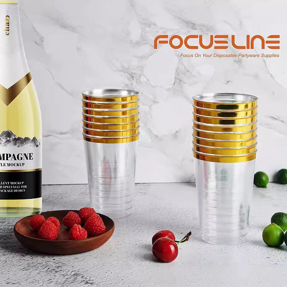 20Pcs 12OZ Gold Rim Plastic Cup Disposable Hard PS Cups For Tiramisu Ice Cream Dessert Serving Cups With Logo Printing Option KTY