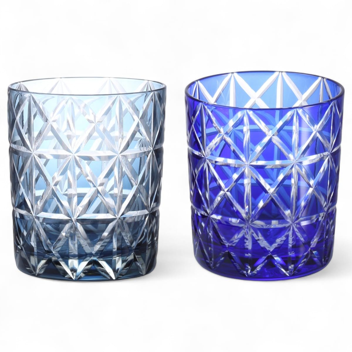 

Mizukage Kiriko Pair Rock Glasses Cups 280cc Diamond Pattern Ink Blue Blue with Engraved Base Bishou Current Model J-kitchens & 80xH90mm &