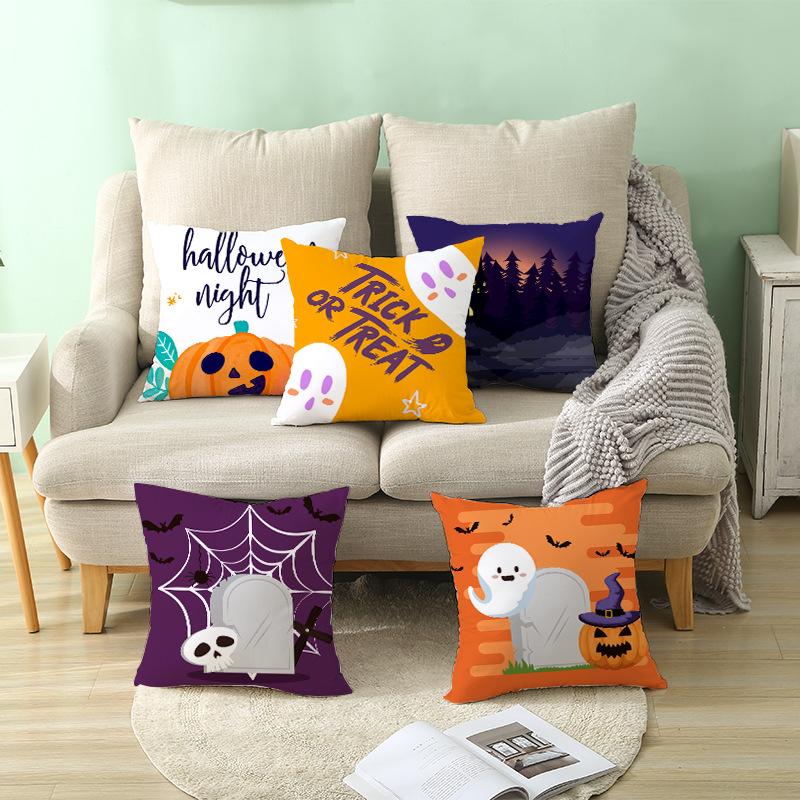 Home Cartoon Pumpkin Head Halloween Pillow Cover Peach Velvet Cushion Cover Office Sofa Cushion Cover