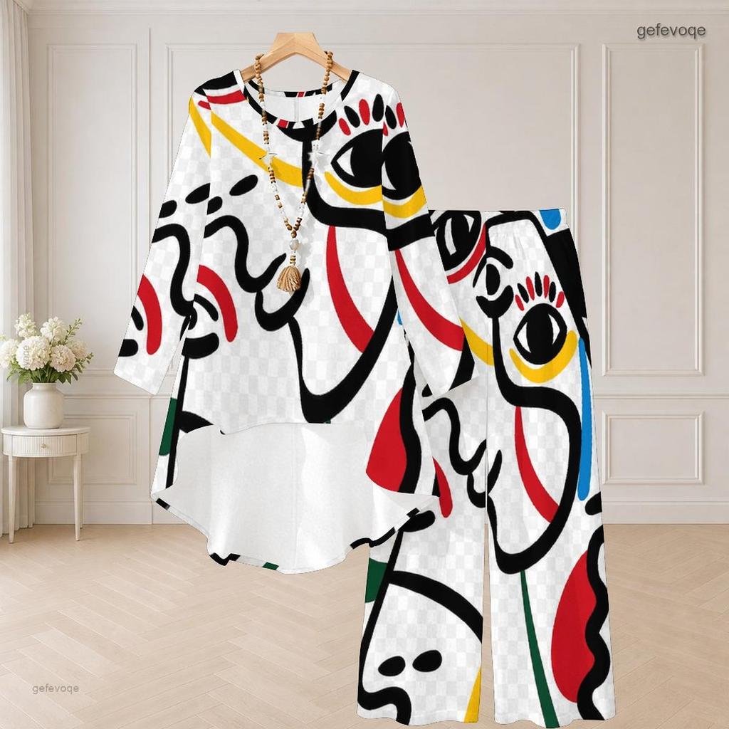 Women Plus Size Round Neck Long Sleeve Printed High Low Top Wide Leg Pants Two Piece Set