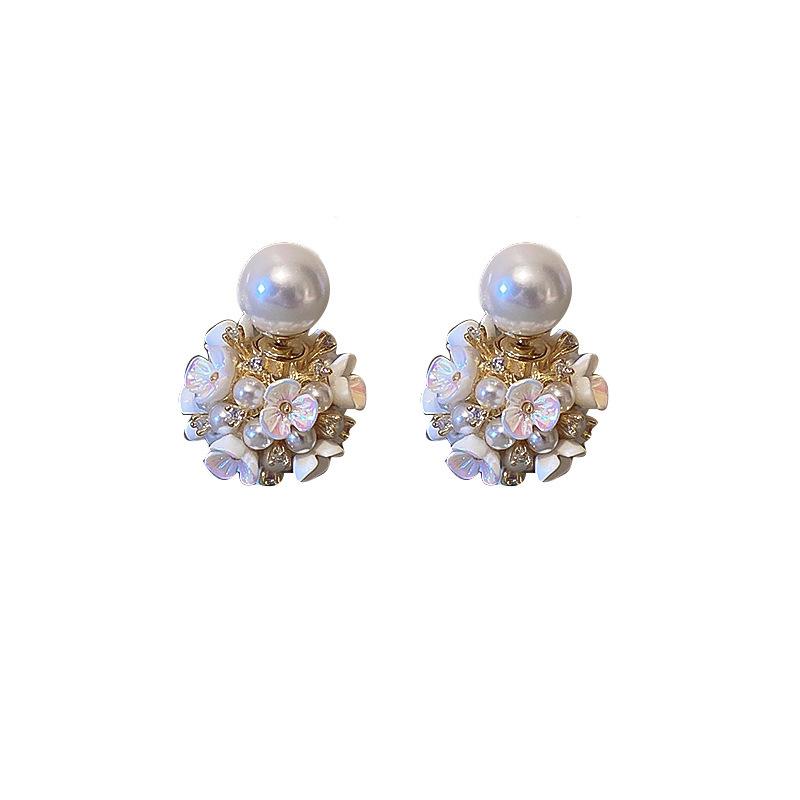 Silver needle flower pearl stud earrings niche fashion design earrings light luxury temperament high sense retro earrings