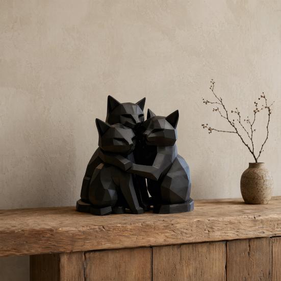 Artistic Cat Sculpture 3D Printed Black Figurine, Three Hugging Geometric Statue, Durable Ornament Modern Animal Shape for Home Office Bookshelf