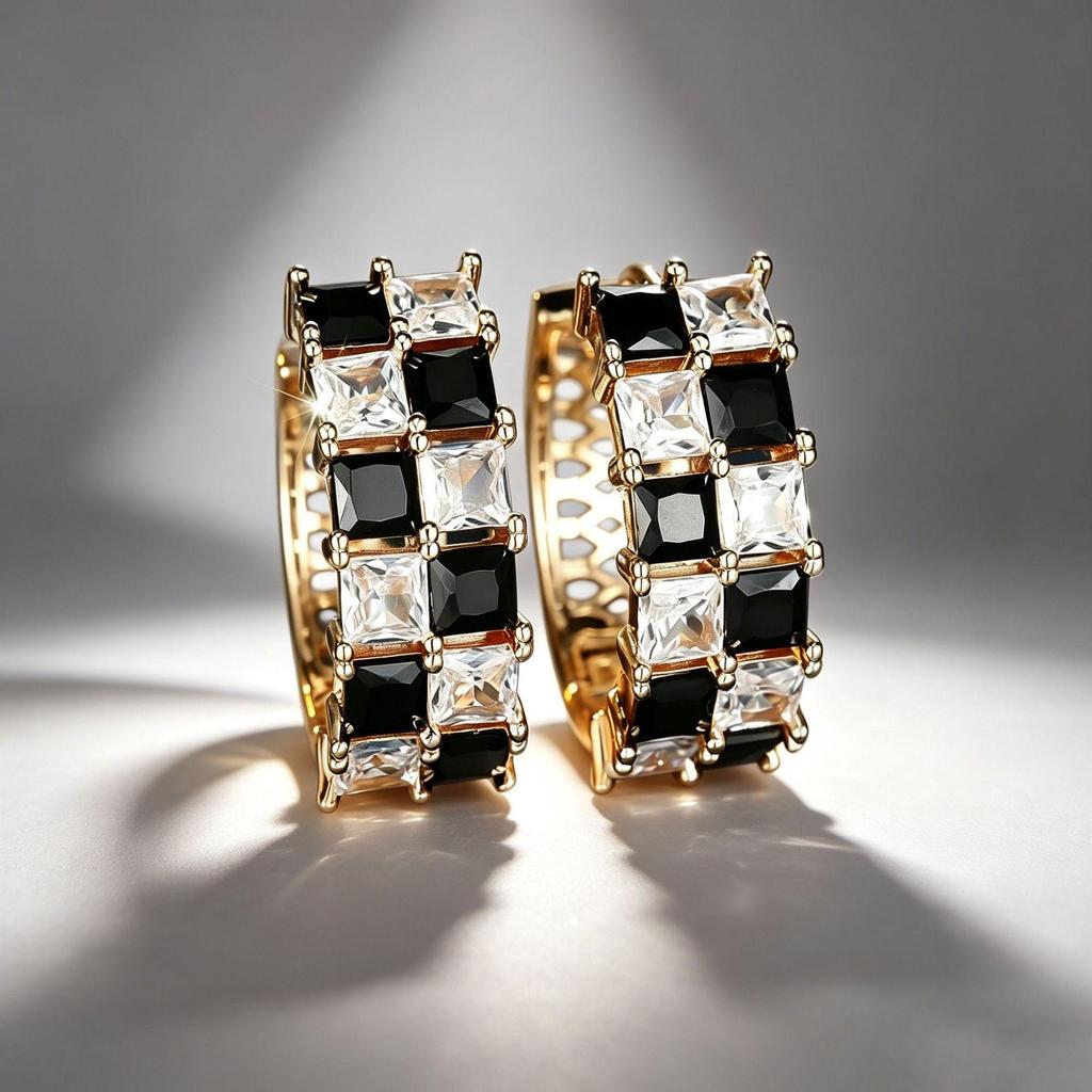 Yanbai Geometric Zirconia Checkerboard Earrings - Black & White Studs.