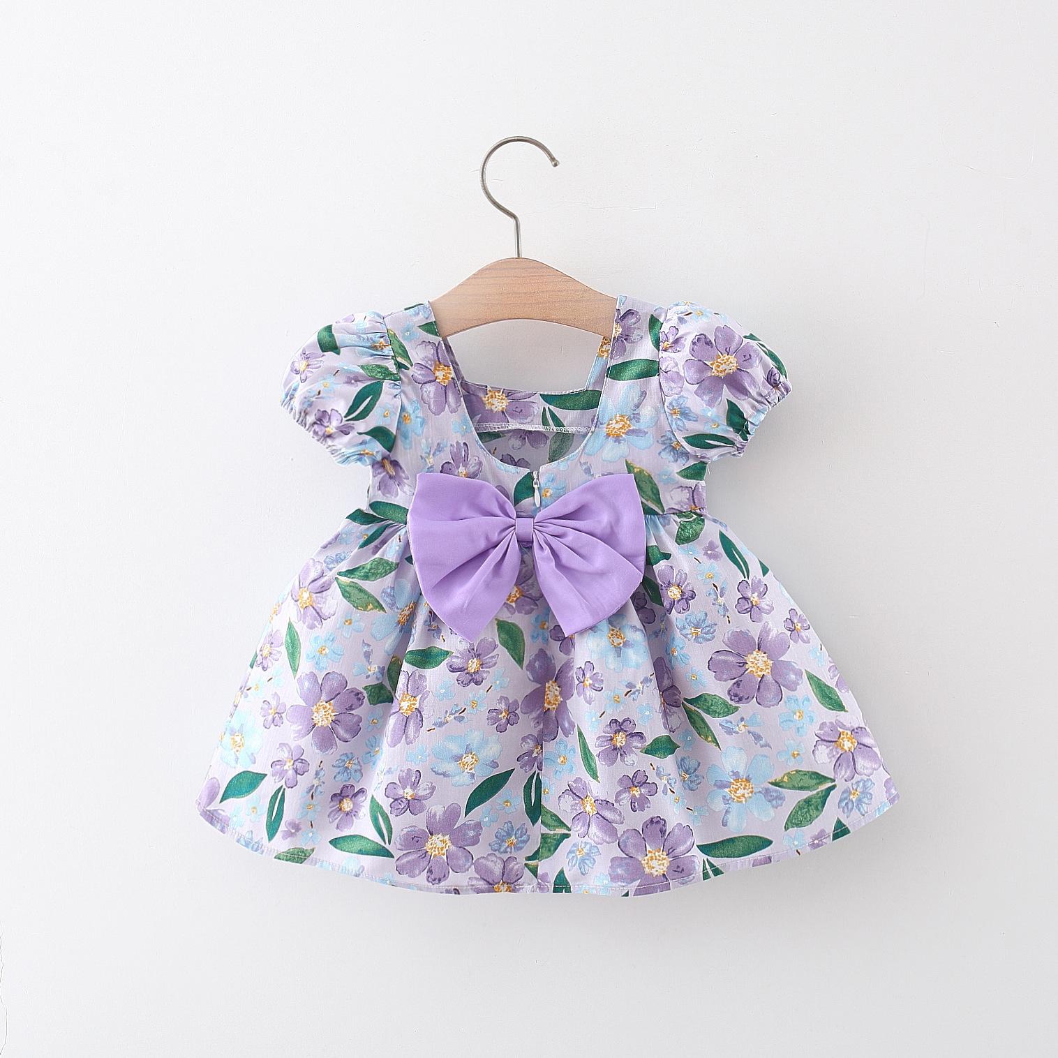 

2024 летнее новое платье с короткими рукавами и бантом на спине, корейское издание, юбка с цветочным узором для девочек 110cm фиолетовый