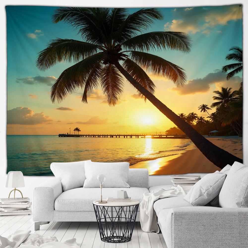 Seaside Beach Tapestry Island Coconut Tree Sunbed Hawaii Ocean Landscape Fabric Home Living Room Garden Decoration Wall Hanging