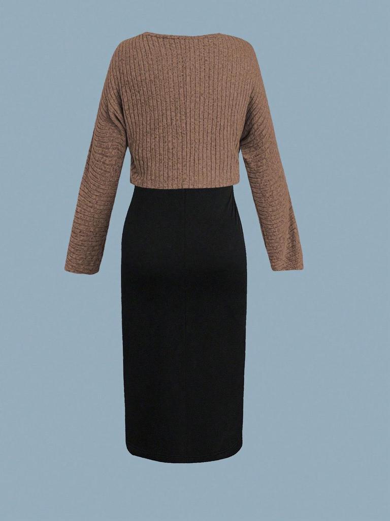 Plus Size Women's Knit Cardigan & Split Camisole Dress Set - Korean Style Autumn/Winter
