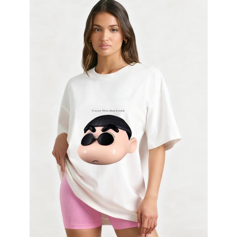 

Oversized T Shirt Black Crayon Shin Chan Face Print Casual Streetwear Fashion Unisex Top For Women Men Daily Wear Party Outfit XXXXL
