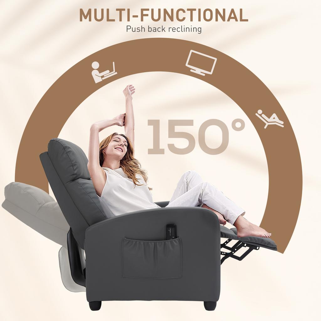 Recliner Armchair, Massage Faux Leather Push Back Reclining Chair with Adjustable Leg Rest, Side Pocket, for Home Living Room Theatre, Grey