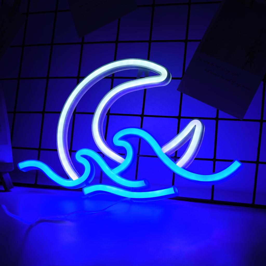 ENUOLI Neon Sign, Neon Light, Room Light, Moon, Wave, Wall Hanging, Interior Decor, Wall Decoration, Birthday Gift, Shop, Bar, Home, Coffee Shop,