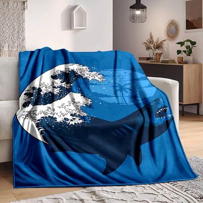 1pc Ocean Waves Sharks Blanket, Lightweight Flannel Throw Blanket For Sofa, Bed, Travel, Camping, Living Room, Office, Couch, Chair, And Bed
