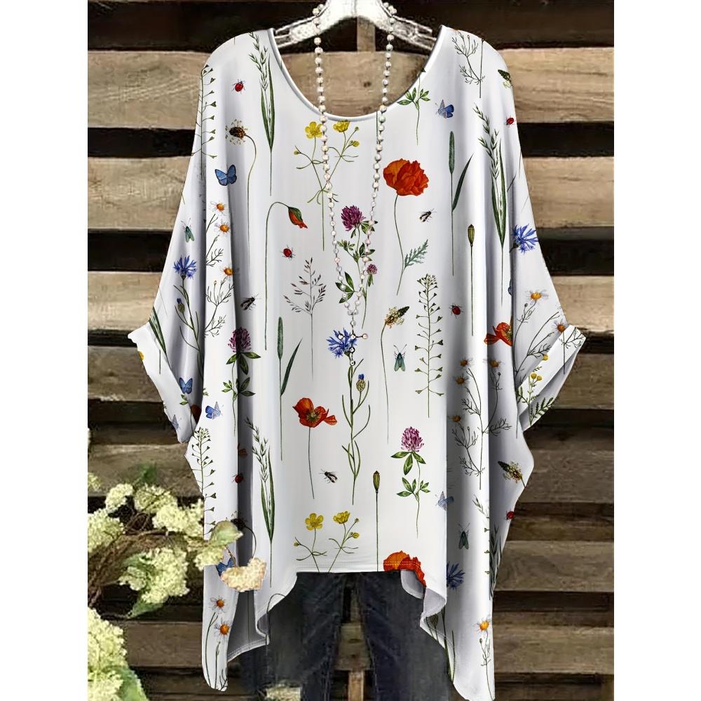 Women's Bohemian Flower Print T-Shirts Black Colorful Retro Full Body Graphic Y2k T-Shirts Summer Asymmetric Hemp&o- Neck Tops