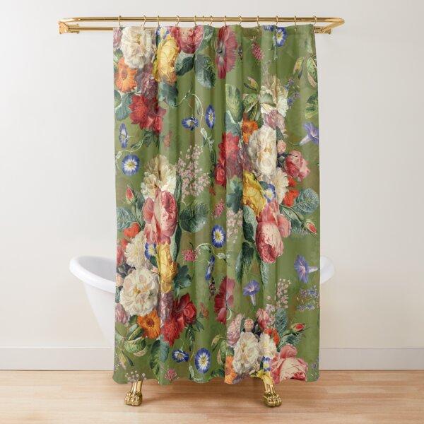 Cortina de ducha con diseño floral, color rosa oscuro, negro, rojo, verde, hojas, flores coloridas, mariposas, cortinas góticas para baño, decoración vintage para baño